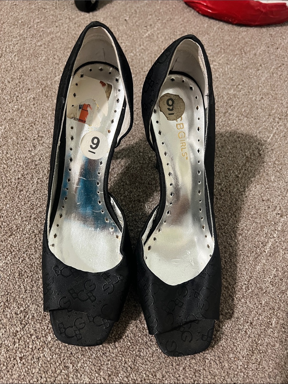 BCBG Black Peep-Toe Logo-Embossed Heels